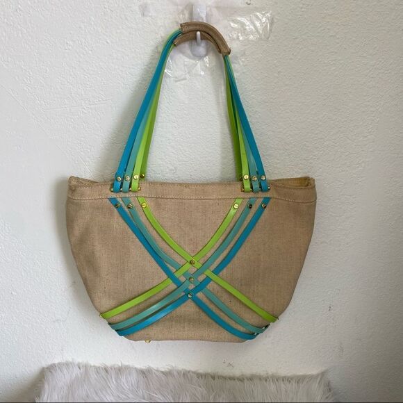 Crocs Huarache Tan Green Blue Strappy Hemp Canvas Tote Bag - Picture 5 of 14
